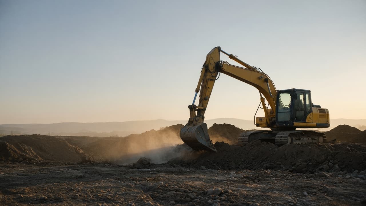 An excavator digging on a job site at dawn