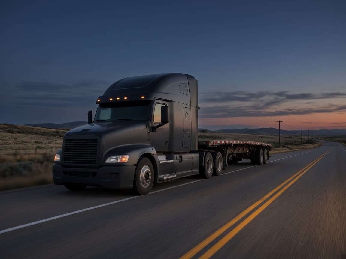 A semi truck with a flatbed trailer on a highway at dusk